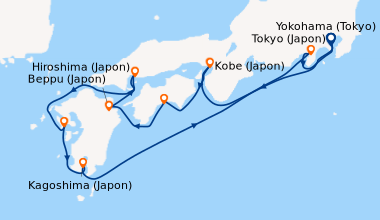 Itinéraire de la croisière Yokohama (Tokyo), En mer, Kobe (Japon), Kochi...
