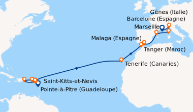 Itinéraire de la croisière Transatlantique : de Pointe à Pitre à Marseille