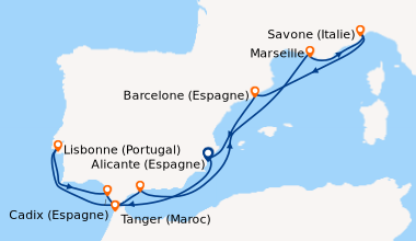 Itinéraire de la croisière Espagne, Portugal, Maroc, France, Italie