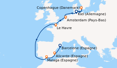 Itinéraire de la croisière Cap vers le Sud : de Copenhague à Barcelone