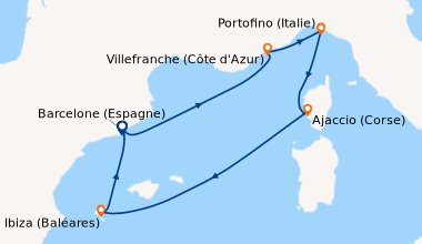 Itinéraire de la croisière Barcelone (Espagne), Villefranche (Côte d'Azu...
