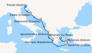 Itinéraire de la croisière Athènes (Le Pirée), Mykonos (Grèce), Santorin...