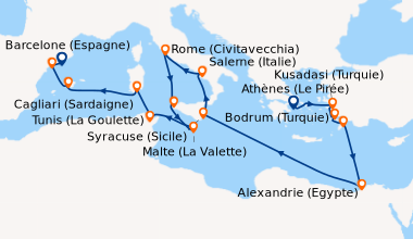 Itinéraire de la croisière Athènes (Le Pirée), Kusadasi (Turquie), Bodru...