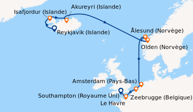 Itinéraire de la croisière Reykjavik (Islande), Isafjordur (Islande), Ak...