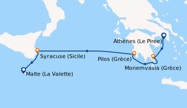 Itinéraire de la croisière Athènes (Le Pirée), Monemvasia (Grèce), Pilos...