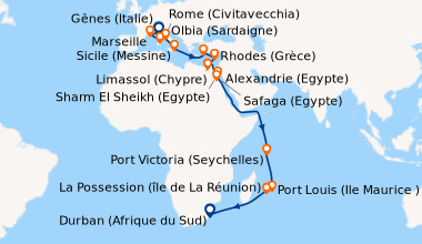 Itinéraire de la croisière Gênes (Italie), Marseille, Olbia (Sardaigne),...