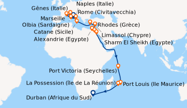 Itinéraire de la croisière Rome (Civitavecchia), Gênes (Italie), Marseil...