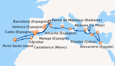 Itinéraire de la croisière Barcelone (Espagne), Valence (Espagne), Alica...