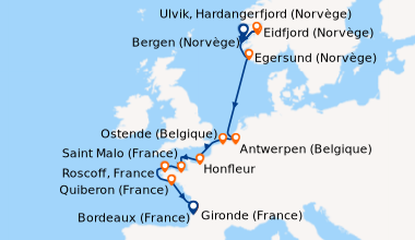 Itinéraire de la croisière Des fjords norvégiens au golfe de Gascogne