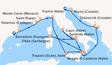 Itinéraire de la croisière Barcelone (Espagne), Palamos (Espagne), Saint...