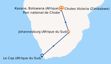 Itinéraire de la croisière Safari-croisière au fil du Zambèze - Afrique du Sud, Botswana, Namibie, Zimbabwe avec pré-programme 