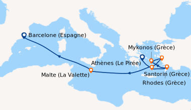 Itinéraire de la croisière Athènes (Le Pirée), Santorin (Grèce), Rhodes ...