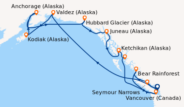Itinéraire de la croisière Vancouver (Canada), Alaska Inside Passage, En...
