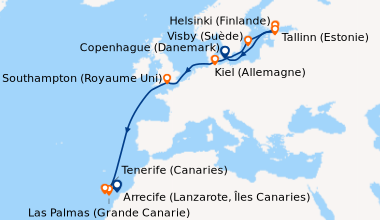 Itinéraire de la croisière Copenhague (Danemark), En mer, Visby (Suède),...