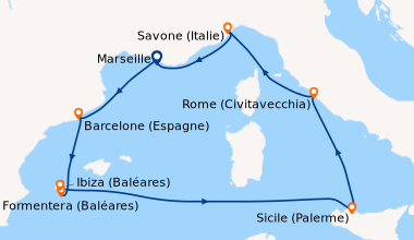 Itinéraire de la croisière France, Espagne, Baléares, Italie