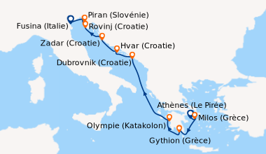 Itinéraire de la croisière Athènes (Le Pirée), Milos (Grèce), Gythion (G...