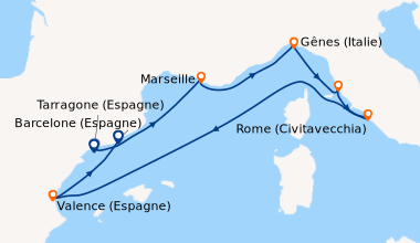 Itinéraire de la croisière Barcelone (Espagne), Marseille, Gênes (Italie...
