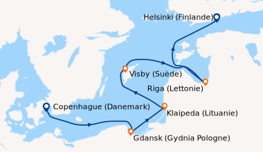 Itinéraire de la croisière Copenhague (Danemark), Gdansk (Gydnia Pologne...