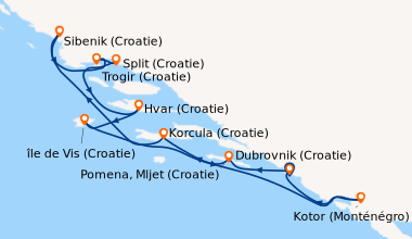 Itinéraire de la croisière Croisière famille - La Croatie et le Monténégro (formule port/port) (DHD_FAMPP)