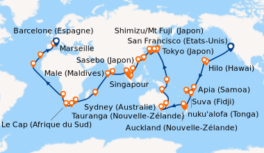 Itinéraire de la croisière États-Unis, Hawaii, Fiji, Tonga, Nouvelle-Zélande, Australie, Japon, Corée du Sud, Taïwan, Chine, Singapour, Malaisie