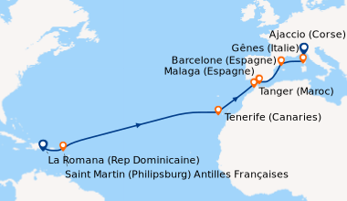 Itinéraire de la croisière Rép.Dominicaine, Antilles, Canaries, Maroc, Espagne, France, Italie