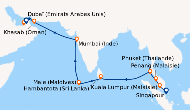 Itinéraire de la croisière Singapour, Kuala Lumpur (Malaisie), Penang (M...