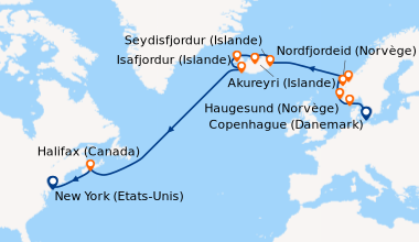 Itinéraire de la croisière Copenhague (Danemark), Kristiansand (Norvège)...