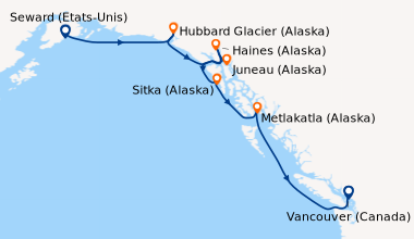Itinéraire de la croisière Seward (Etats-Unis), Hubbard Glacier (Alaska)...