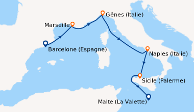 Itinéraire de la croisière Barcelone (Espagne), Marseille, Gênes (Italie...