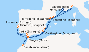 Itinéraire de la croisière France, Italie, Espagne, Portugal, Maroc