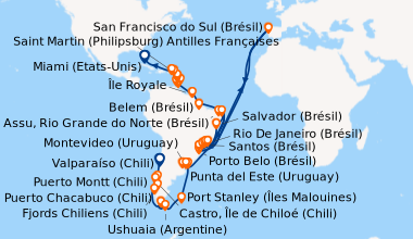 Itinéraire de la croisière Valparaíso (Chili), En mer, Playa del Carmen ...