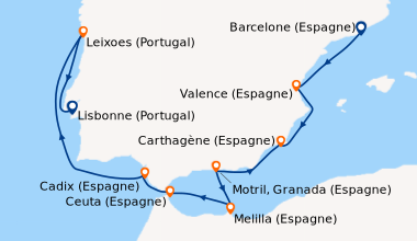 Itinéraire de la croisière Barcelone (Espagne), Valence (Espagne), Carth...