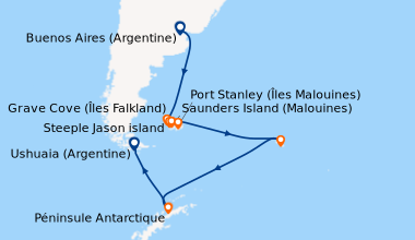 Itinéraire de la croisière Voyage en terres australes et péninsule Valdés