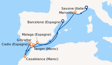 Itinéraire de la croisière Espagne, Maroc, Gibraltar, France, Italie