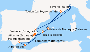Itinéraire de la croisière Italie, Espagne, Baléares, France