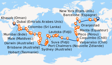 Itinéraire de la croisière Un Monde Infini 128 nuits