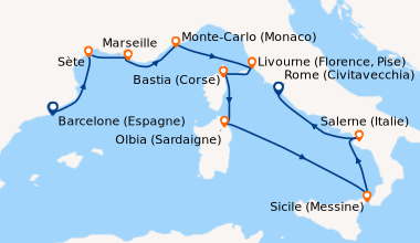 Itinéraire de la croisière Barcelone (Espagne), Palamos (Espagne), Marse...