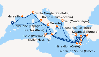Itinéraire de la croisière Barcelone (Espagne), Marseille, Gênes (Italie...
