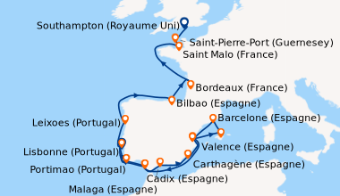 Itinéraire de la croisière Lisbonne (Portugal), En mer, Tanger (Maroc), ...