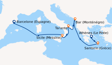 Itinéraire de la croisière Athènes (Le Pirée), Santorin (Grèce), En mer,...