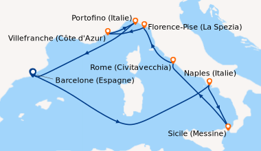 Itinéraire de la croisière Barcelone (Espagne), En mer, Capri (Italie), ...
