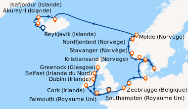 Itinéraire de la croisière Southampton (Royaume Uni), Falmouth (Royaume ...