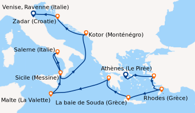 Itinéraire de la croisière Athènes (Le Pirée), Kusadasi (Turquie), Rhode...