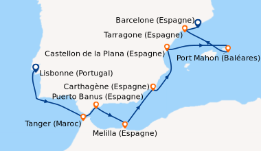 Itinéraire de la croisière Lisbonne (Portugal), En mer, Tanger (Maroc), ...