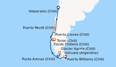 Itinéraire de la croisière Puerto Williams (Chili), Ushuaia (Argentine),...