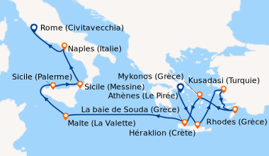 Itinéraire de la croisière Athènes (Le Pirée), Héraklion (Crète), Kusada...