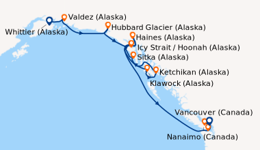 Itinéraire de la croisière Whittier (Alaska), Valdez (Alaska), Hubbard G...