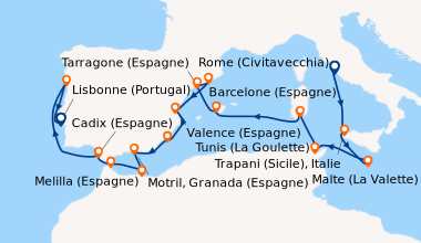 Itinéraire de la croisière Rome (Civitavecchia), En mer, Trapani (Sicile...