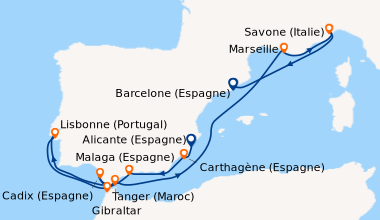 Itinéraire de la croisière Espagne, Maroc, Gibraltar, Portugal, France, Italie