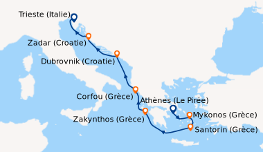 Itinéraire de la croisière Athènes (Le Pirée), Mykonos (Grèce), Santorin...